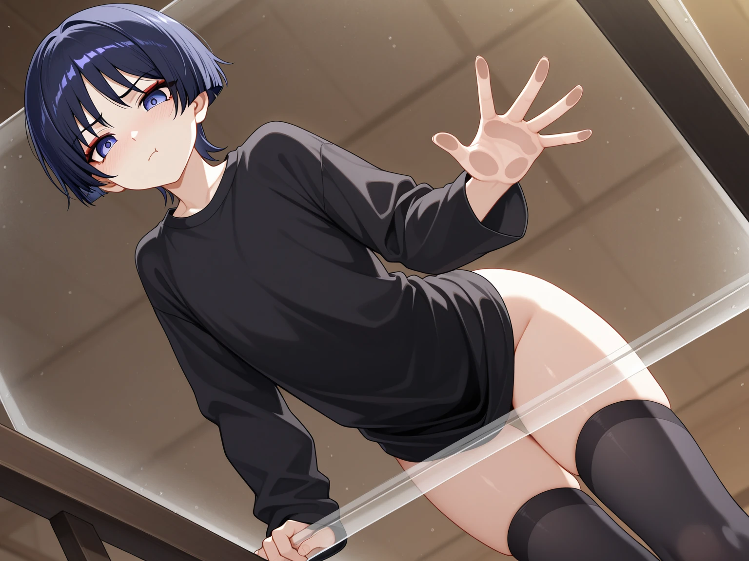 anime screencap, young, 1girl,solo, wavy black hair, wavy short hair, wavy hair, wavy hairstyle, black eyes,small breasts,armpits,wet armpits, showing wet armpits, messy hair, messy wavy hair, wavy messy hair, showing small breasts,sexy girl , breasts, cute body, getting, removing panties,sex, sexy pose, sexy body, body naked , cute body,armpits close to viewer, armpits very close, close to viewer, close to camera, cameltoe, laying down having sex, cute girl, getting fucked, wet vagina, wet pussy, tiny body, cute tiny body, back view, showing back, slim body, showing slim back, , small stature, short