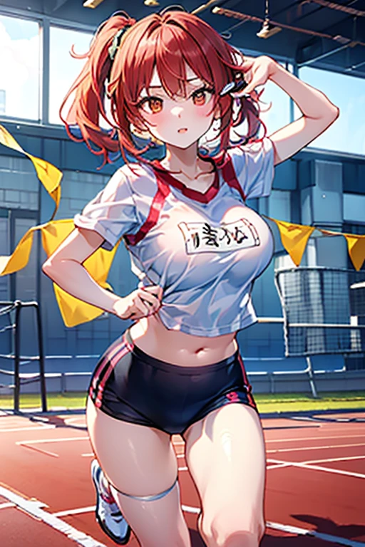(Original Character、Unity 16K Wallpaper, Masterpiece, Best Quality, Ultra-Detailed, Extremely Detailed CG, Caustics, Cinematic Lighting, Detailed, Beautiful Detailed Eyes, solo), Ultra High Resolution, fine skin, (track and field:1.2) 、(strong light)、oily skin,smile , from front:1.2、(sexy women)、Arena、full body shot、separate、racing bloomers、show off belly,show off neck,sunny day、cowboy shot,layered hair,blush