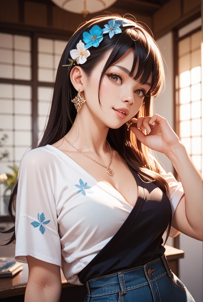 ((Best Quality)), ((masutepiece)), (Detailed), (highlight), Perfect face　Young girl with detailed face showing cleavage、Red eyes and long, thick, glossy, beautiful black hair with blunt bangs、Single-color background、standing wearing a patterned kimono、