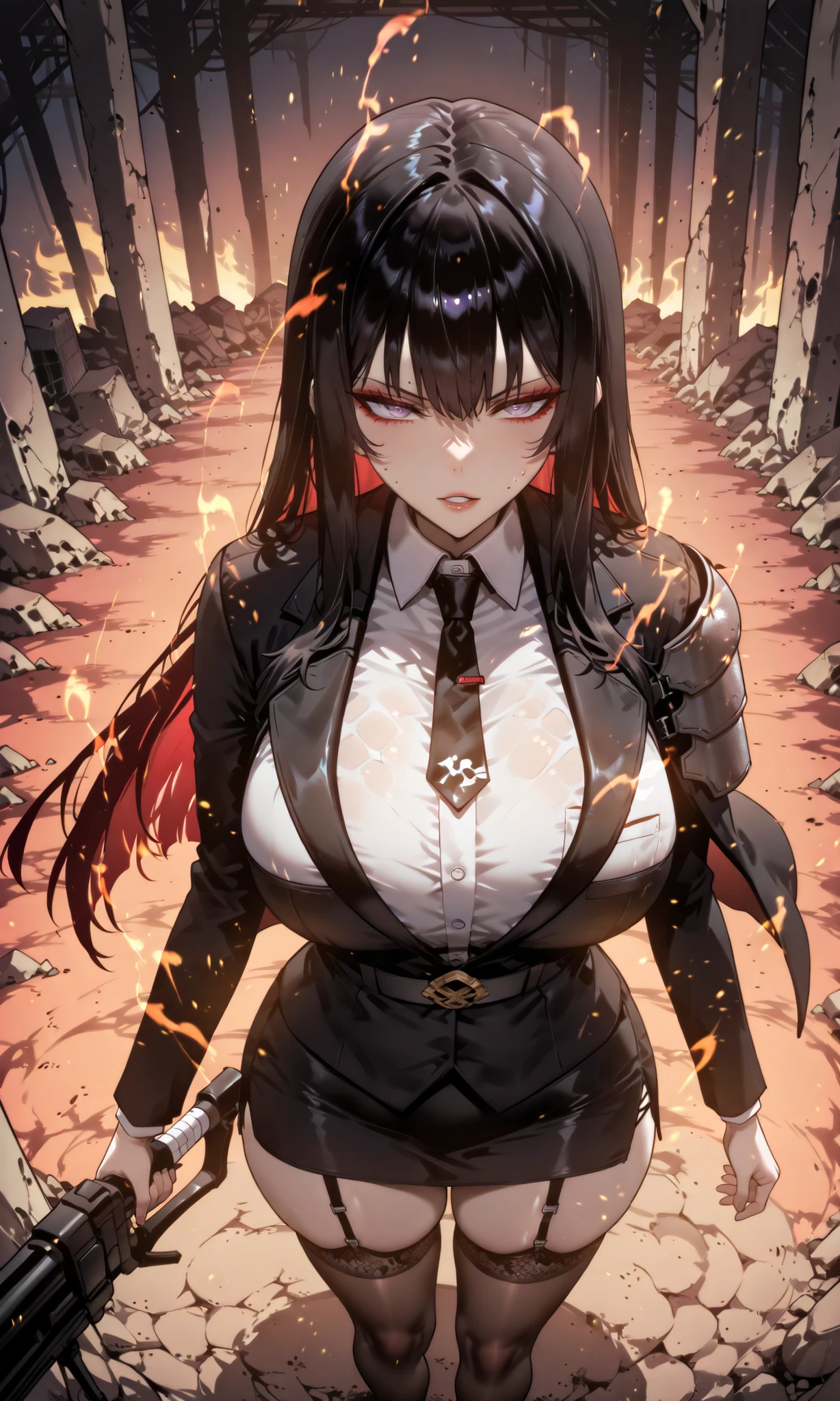 caveの中、、Ruins、Attach a、black suit、Attach a、sword、Japanese sword、black suitを羽織る、black suit、Wear a black jacket、ゴスロリなshirt、Depressed、Tall Woman、A woman in her thirties、 Alassah's woman、Steins;Gate、black suit、score_9, score_8_up, score_7_up, Source_anime,masterpiece、No expression、no makeup、top quality,beautifully detailed eyes in a logistics warehouse, Exquisite Eyes、A sophisticated eye、very detailed eyes and face,unmotivated expression、lethargic face、 long breasts, Female 1, Black Jacketを羽織る、Black Jacket、shirt、miniskirt by kouenn、short skirt , big saggy breasts, shockingly big breasts, big breasts,big boobs、boobs 、Zitoida, makeup、no makeup、long hair、smooth straight hair、black stockings、garter belt to carry a sniper gun、黒のgarter belt to carry a sniper gun、tall woman outdoors at the seaside、Tall Woman、plump thighs、taken from above、Armor, parted lips, shoulder Armor, shining eyes,(fire aura on the right hand),dungeon内、long hair、dark haired、黒い髪、long straight hair、dungeon、cave、Ruins、jungle、standing alone、solo、swordを持っている、soloプレイヤー、red aura、 Crimson Aura 、zone