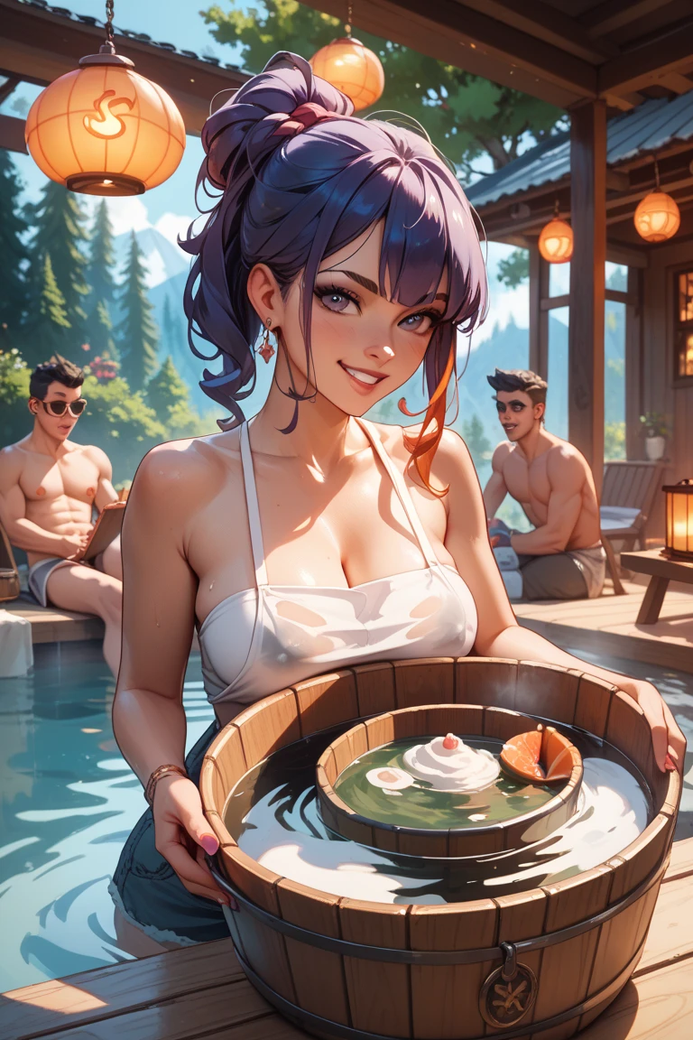 nsfw, hyperphotorealistic, buried in lots of fruit, wet thin ultra micro bikini, beautiful lascivious woman kissing fruit, cheerful, sunny beach, super detail