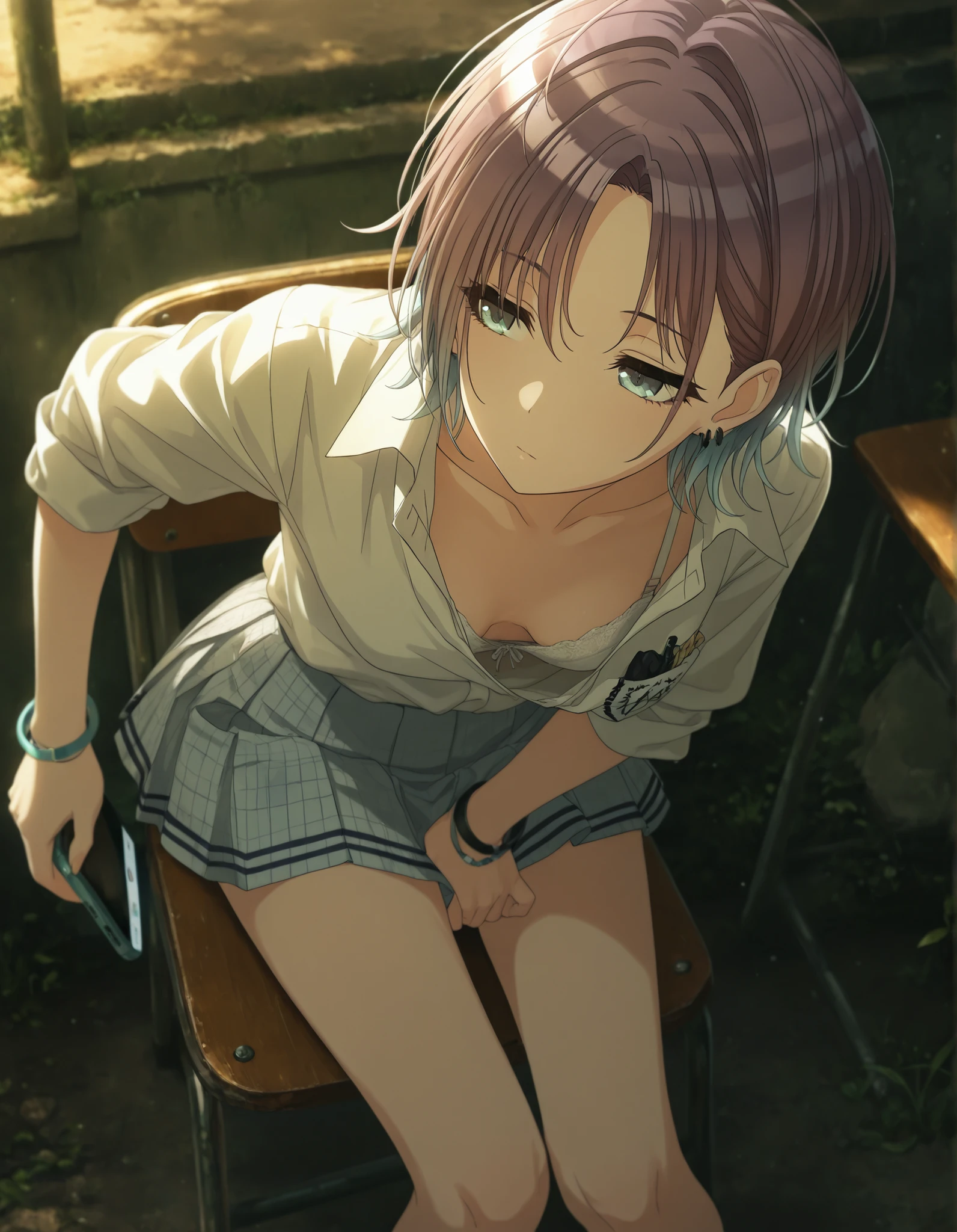  masterpiece,best quality, good quality, dark ,school ,outdoors,((cinematic light)) shanimas,  source_anime,asakura toru, short hair, brown hair, blue hair, blue eyes, half-closed eyes, , 1girl, solo, looking away, ahoge, bracelet, earrings, (white shirt, gray mini skirt, ), collared shirt ,pleated skirt, mini skirt, parted bangs, bracelet, (small ), (slim arms), from above, white bra slip, sitting on chair, , head leaning for viewer, using phone, down blouse, (grab skirt) ,                                                                                                                                                        