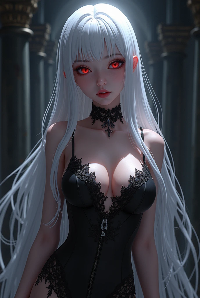 realistic, 1girl, (vampire girl:1.4), white hair, (red eyes), glowing eyes, slit pupils, (blood, blood splatter), crop top, cleavage, short shorts, collarbone, parted lips, fangs, makeup, blush, night, reflection, full moon, moonlight, rose, castle, shadow, darkness, bat \(animal\),