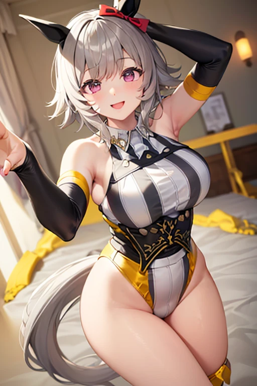 A woman with silver bob hair and blue eyes, gazing condescendingly at the viewer with a cute grinning expression, extremely detailed and realistic, masterpiece quality, ultra-detailed, HDR, studio lighting, vivid colors, physically-based rendering, very thick thighs, beautiful thighs, very strong wrestler, attractive big buttocks,