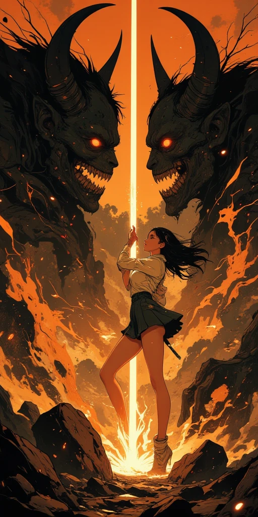 cartoon of a woman with a demon face and a man with a sword, o anime sombreado, rotoscopia, Charli Bowater e Artgeem, o-sombrio:17, o-sombrio:15, o sombreado:15, summoning a demon, invocando um deus eldritch, animado ainda, lobisomem sexy moral alta raiva, bondagem, Shibari, BDSM, mulher asiatica, Ahegao