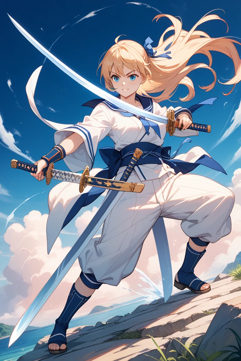 A full-length man, 24 years old, elf, blond hair tied up with loose strands, blue eyes and a lifeless face, he wears a worn white cape that wraps his entire body, he holds a sword in a fighting position, underneath the cape has leather clothes, on each side of the waist there is a sickle, and wrapped around the waist there is a chain, on the back there is a magic staff