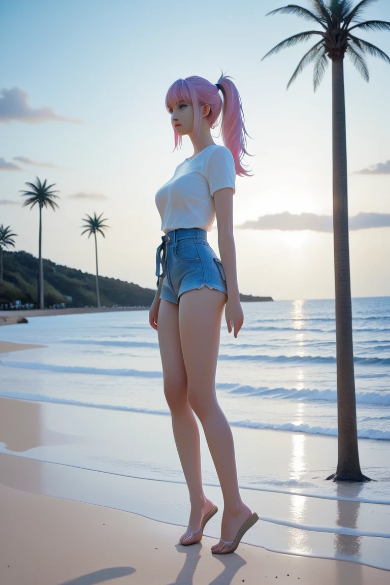 4K, (masterpiece), Highest quality,, ((NSFW:0.9)), (Unbuttoned shirt),Shorts, (Big Breasts), Nipples, Long pink hair, blue eyes, smile, Full Height, Clear Eyes, Black eyelashes, (Complex and detailed), dramatic, trend,Full Body Shot,Centered,Wild feeling,Ocean,