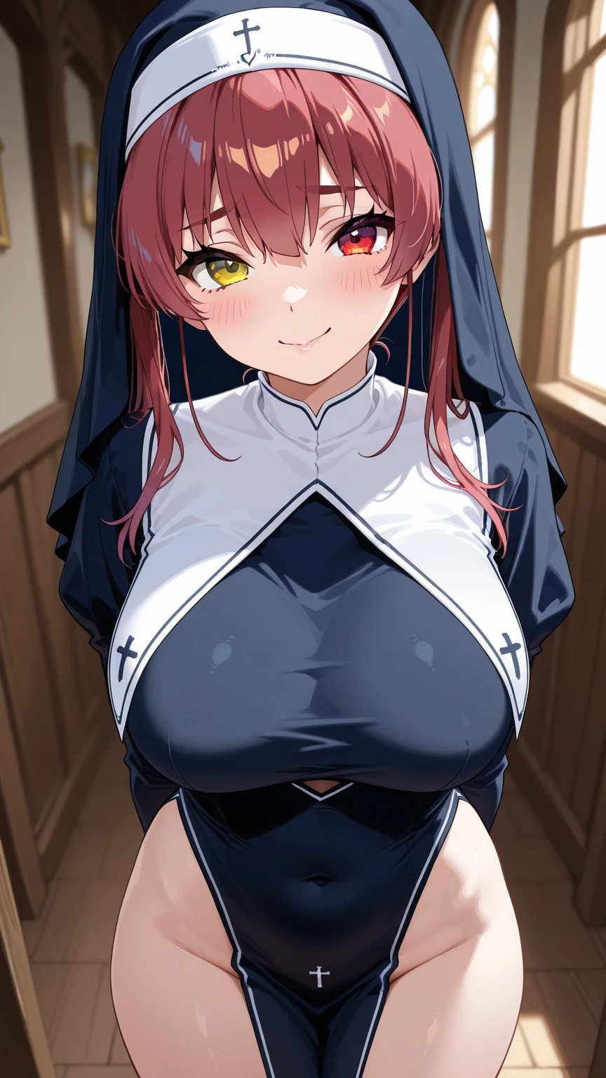 (Ultra-high resolution,masterpiece, Attention to detail, Highest quality), 8K,(ffmarine, long hair, habit, heterochromia,yellow eyes,red eyes, nun, blue dress, cleavage, long sleeves, breast curtains, underboob, pelvic curtain, white thighhighs),(Blessed,Captivating body、Ultra-detailed skin、Super beautiful eyes、Detailed Background),One girl、 (breasts_on_Glass,breast press, against Glass, hands on Glass:1.5),window fog, embarrassed, (white background:1.7), (from front:1.3),(perfect hands), huge breasts