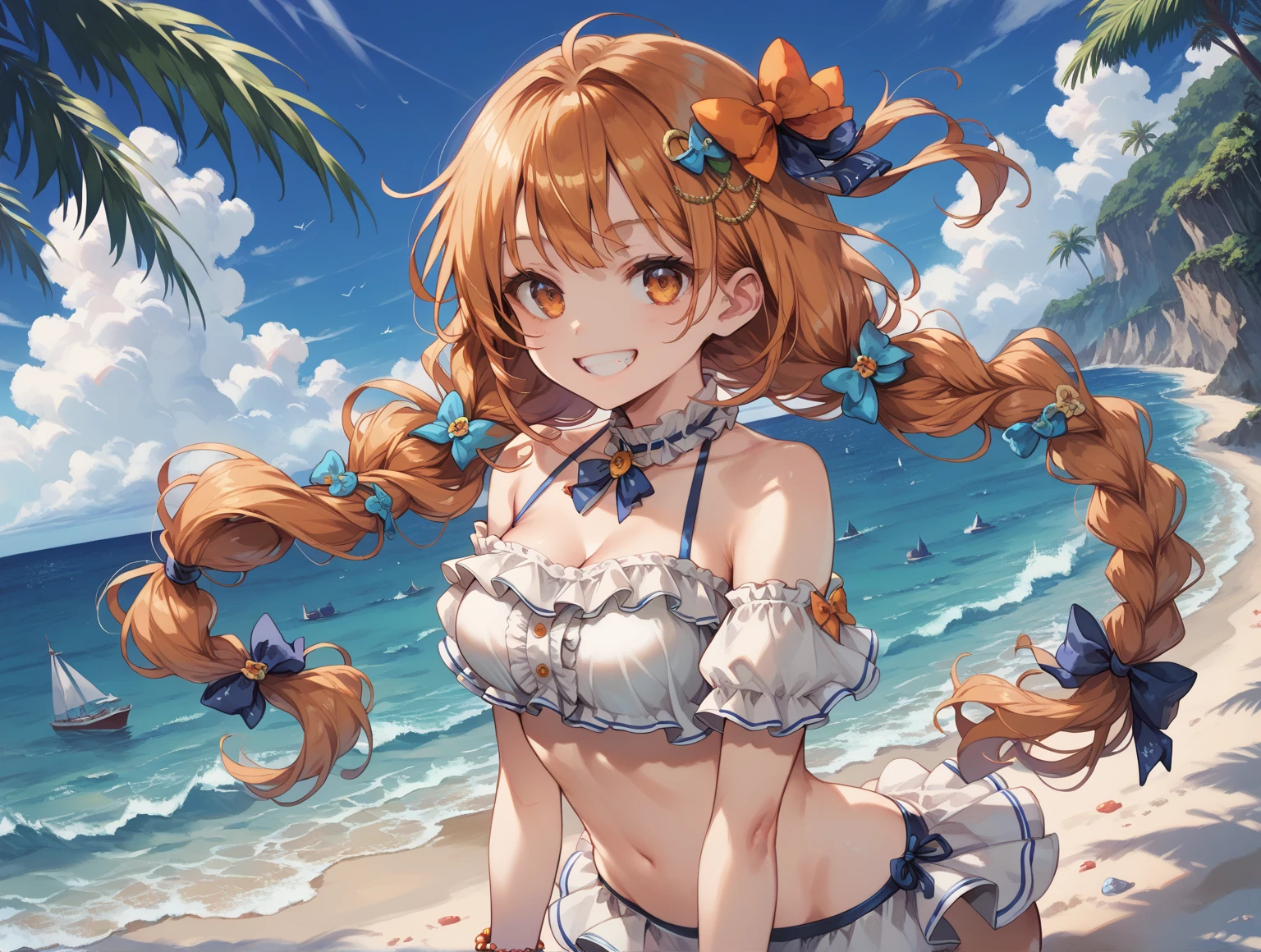 Orange Hair, Orange eyes,girl,Pigtails with both ends tied,smile, Little,  in swimsuit,girl一人