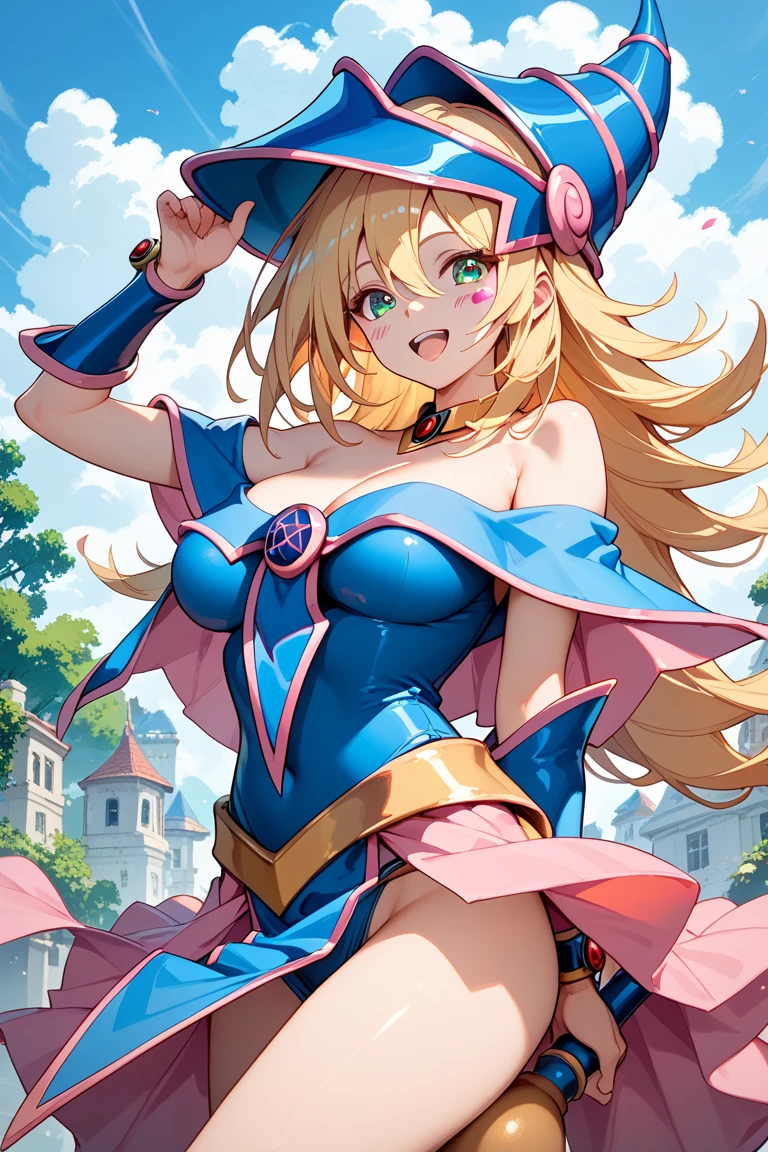 black magician girl、super breasts、thick thighs、golden blonde hair blonde、magic circle、8k, 4k, of the highest quality, High resolution: 1.2),flicker、an exposed breast、cute anime face、pink blush on the cheeks.、noise removal、Leotard that bites、have a cane、Hold your cane、