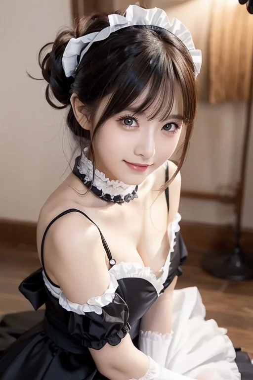 8K, Black velvet bunny girl costume, velvet, a 20 yo woman, Bokeh background, bokeh feeling, Girl's room, a smile, White Skin Skin, A pretty girl, breasts on table, White choker and black bow tie, White cuffs, Short twin tail hair