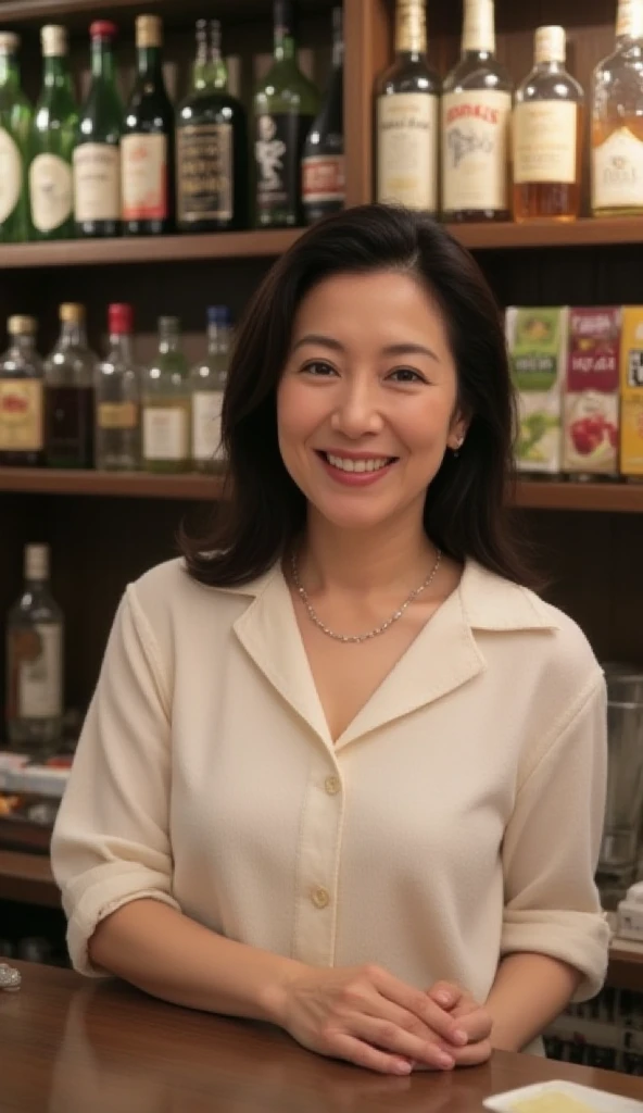 8k wallpaper, masterpiece, Highest quality, Very detailed, One Mature Woman, 50 years old, Become very clear, Wearing a short-sleeved knit, Skin dents, Captivating smile, Looking at the audience, No lapel microphone, Plump, Curvaceous, Attractive face, Smiling with teeth showing, I was happy, sitting in a cafe, Background Blur