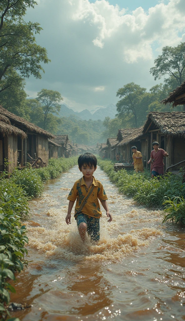 A baby in flood in village. Bangladesh