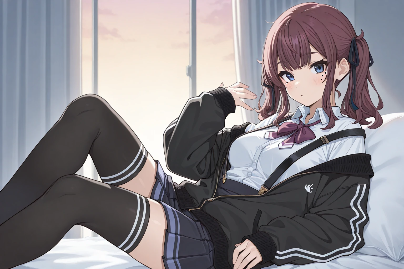 (blue archive)　((Myojo Himari)) (an legs)　(sitting down on the floor)　Sideways sitting　looking-down　A sexy　((Inter-strands)) 　seductiv
