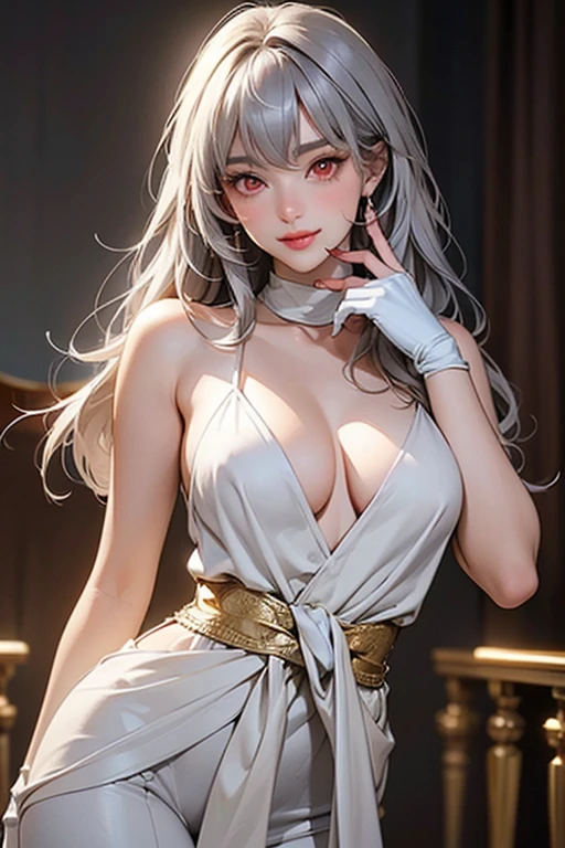A lady with extraordinary temperament, she stands in a modern indoor space, as if she is a model from a fashion magazine. She is wearing a (pure white long fur cape), the softness and luster of which makes her look more noble under the light, and complements her (beige dress) underneath, showing her gentle temperament while maintaining a sense of fashion. The style of the dress is simple and generous, a perfect match, and it lengthens her figure, making her tall and charming. The lady's makeup is delicate and elegant, which just highlights her facial features and makes people unforgettable at first sight. Although the earrings and necklace she wears are not ostentatious, they add a bit of sophistication and nobility to her overall look. Her hair is casually draped over her shoulders, and every strand of hair exudes a natural luster,, (best quality,8k,highres,masterpiece:1.2),ultra-detailed,(realistic,photorealistic,photo-realistic:1.37),studio lighting,ultra-fine painting,sharp focus,physically-based rendering,extreme detail description,professional,vivid colors
