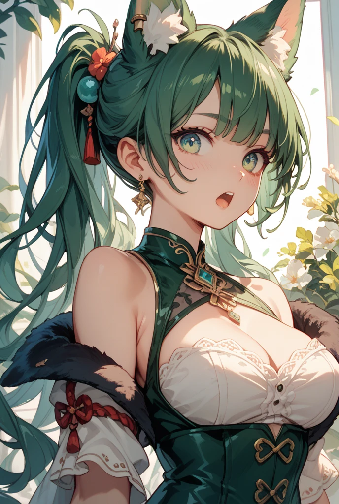 2.0) Lori huge breasts, cleavage, white color hair, Bun head, on cheongsam, Genshin character, pointy ears, green-eyed, cross-shaped pupils, Genshin Nasita