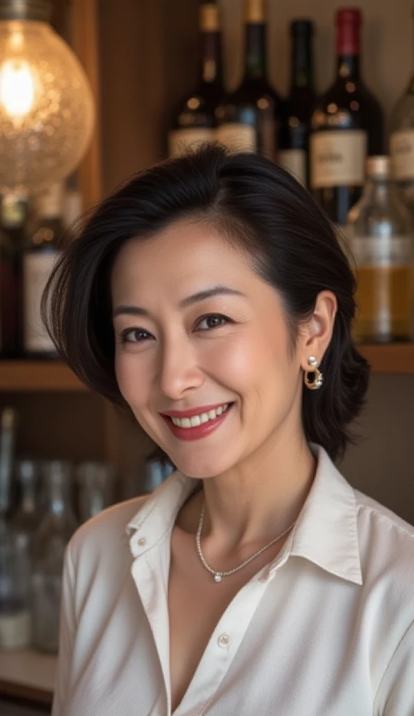 ((Highest quality)), ((8k)), ((masterpiece: 1.3)), (Perfect appearance), (Photorealism: 1.6), (RAW Photos:1.2), (Photorealistic), (Genuine:1.4), (KE), (JMA), One Japanese woman, 60 years old, Perfect Anatomy, ((Realistic skin texture)), (Fine wrinkles appear all over the skin: 1.3), (Dullness: 1.1), (Unmoisturized skin: 1.2) , (Facial wrinkles: 0.9), (Wrinkles around the eyes: 1.2), double eyelid, Lower eyelid tear trough, The eyes are looking here, (Dimples: 1.2), BREAK(Red lips),BREAK 短い前髪, short hair, (Blonde Hair), (Smooth Hair), Lips open, Smiling with the corners of his mouth turned up, Sexy Cocktail Dresses, pumps, Small breasts, Small breasts, Flat Chest, (Slimming), (whole body), ((Sitting in a high chair at the bar:1.3)), (Ultra-realistic pantyhose:1.2 (High heels),