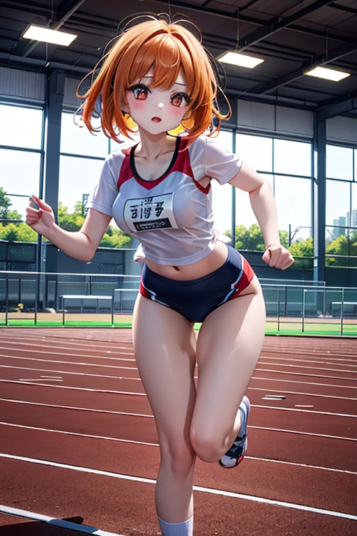 muste piece、masterpiece、highest quality、Super detailed、High resolution、8K portrait、High definition CG of Unity 8k wallpaper、cute type little:1.5、Lori:1.5、Highly detailed CG unity 8k wallpaper、Realistic、real person、 portrait photography、shiny skin、High definition、(16 years old:1.2)、(1 girl)、beautiful clear eyes、extremely detailed description、delicate face、nice lips、slender body、(thin waist)、thin legs、(Atlantic stadium track:1.6)、1 girl, cute type, perfect face, seriously, (blush:1.5),(pink hair twintails:1.3),(flat chest:1.4),((short sleeve gym clothes:1.2)),((clothing lift:1.5)), ((half nude:1.3)),((climax in vagina:1.5)),(looking at view:1.2),(from front:1.2),gran,(get down on one knee:1.2)