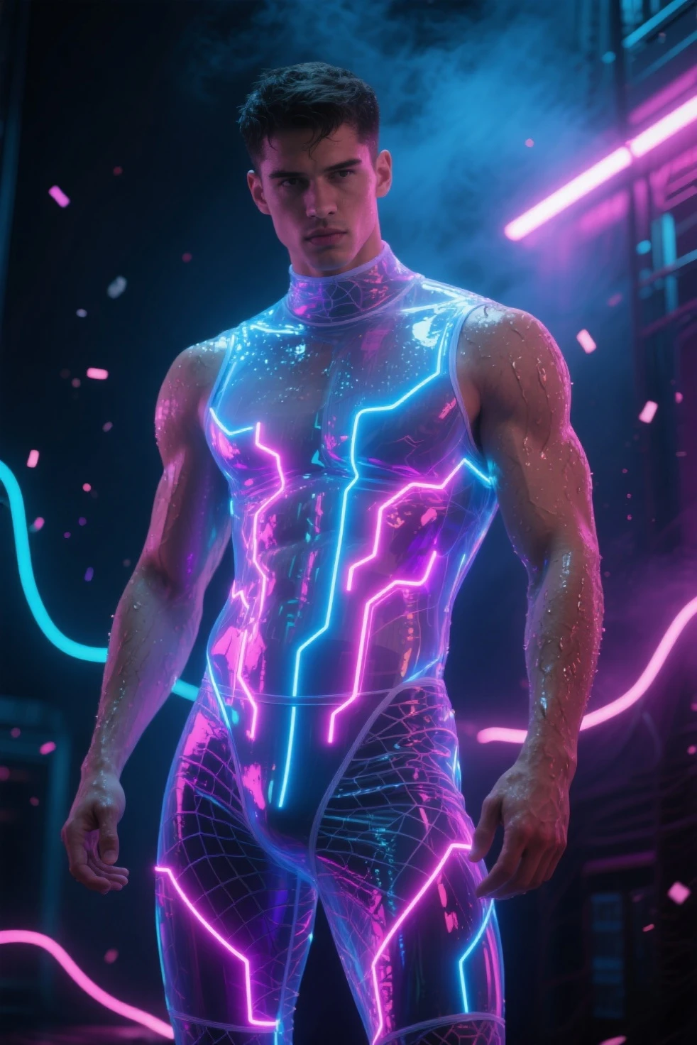 (mid_shot:1.3),(1 male:1.2),(muscle man:1.1),(frontal illumination:1.2),with a silver body and glitters with lights above,extreme iridescent reflection,in the style of vray tracing,vibrantmanga,shiny/ glossy,rococo pastel,fluid form,tinycore,fluid impressions,vray,machine aesthetics,yanjun cheng,silver,shiny eyes,fluidform.,the young warrior,male characteristics, detailed bulge, vpl, beard, bulge, nice bulge