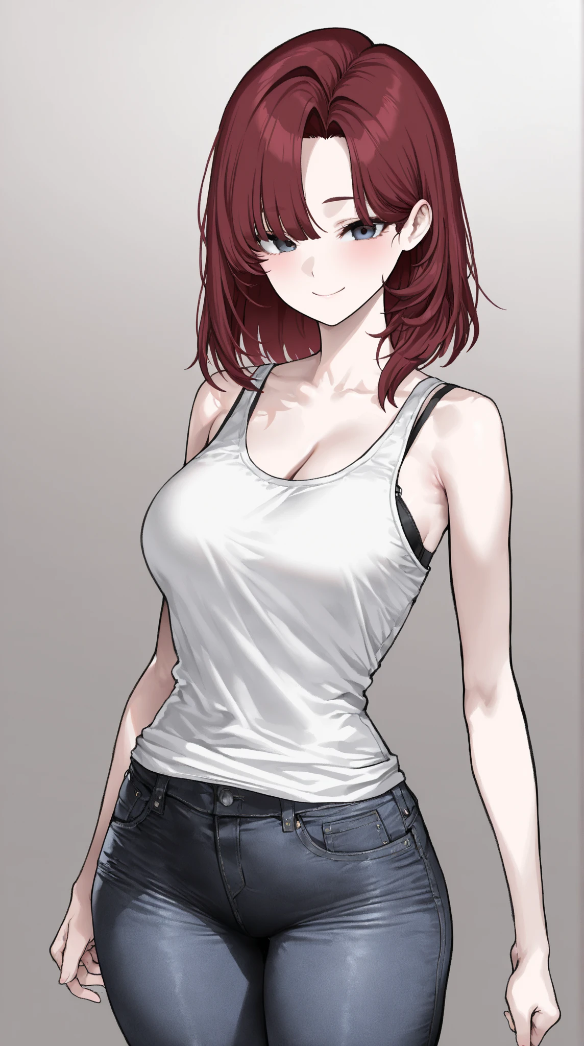足を組んで床に座っているレッドの髪のAnime Girls, Anime Girls, Anime Styleキャラクター, clothing:Black camisole, Girl wearing denim shorts, Anime Styleで, Big Breasts, girl with big breasts, Anime Style, Anime Style, Muscular Woman, Knight of the Zodiac Girl, with short red hair standing on end,, In anime style, Feminine and muscular, Bare Arms, Bare shoulders,
