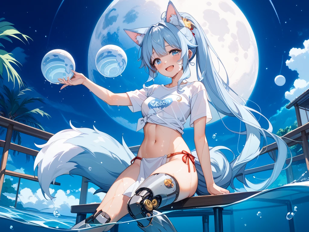 (Masterpiece) (High Detail) (High Res) A short humanoid girl with pale human skin and blue eyes and long blue hair and blue dog ears and a big fluffy dog tail and small breasts is walking along a river at night. Full Moon, Lots of stars in the sky. Tall dark trees. Eyes looking at her from the darkness. She is wearing an oversized white t-shirt that is ripped and tattered.