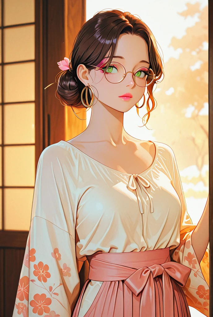 High resolution, masterpiece, 最high quality, Very detailed, high quality, Textured skin, Bob Hair, Brown Hair, Natural look,Sparkle Effect, far and near method, Frameless Glasses, chest, A girl with a gun, Hakama,Japanese garden