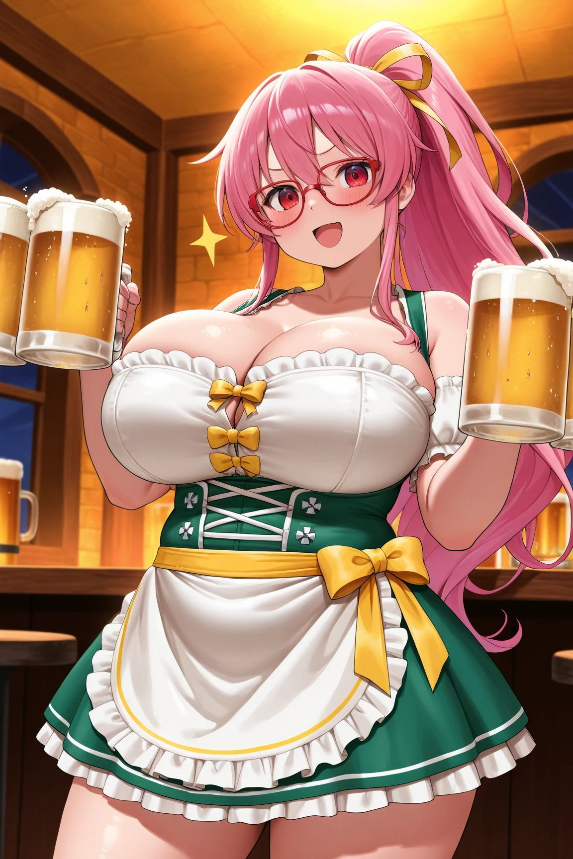 ((Masterpiece)), perfect anatomy, perfect shading, field of depth, (best quality), extremely delicate and beautiful, perfect lighting, detailed face, ultra cute face, cute, (1girl), (solo),

long fluffy blonde hair, blue eyes, ((blush)), drunk, smile, looking at viewer, dirndl, short skirt, apron, cleavage, large breasts, ((thick thighs)), (wide hips), fat ass, chubby, 

intricate background, detailed background, bar, standing, 
