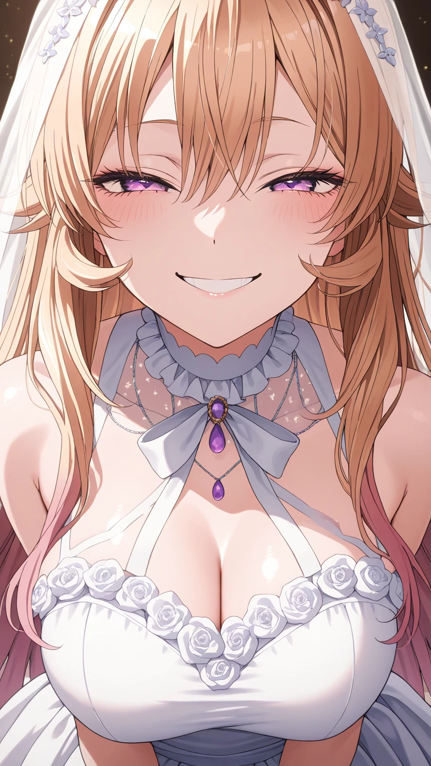in 8K、top-quality、​masterpiece、ultra-detailliert、Ultra-high resolution、Anime style、on the beds、laying on back、Pink cheeks、pink lipsticks、a blond、Braided hair、weddingdress、flower petals