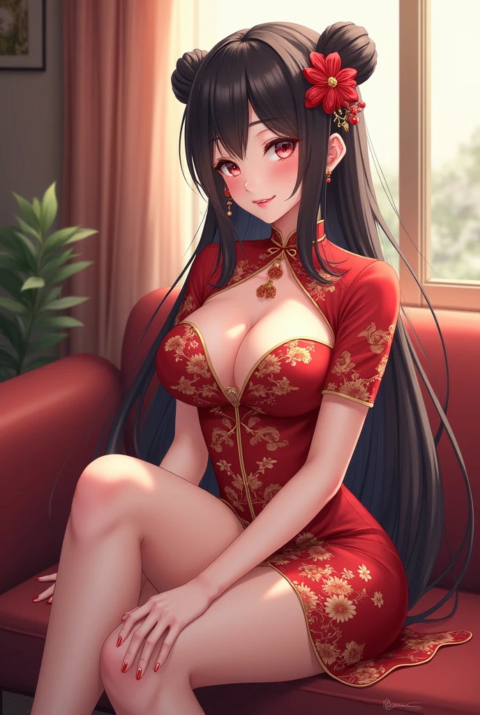 (Realistic:1.3), (photoRealistic:1.2), (highest quality), (Detailed skin:1.3), (Intricate details), 1 woman, 19 years old, Detailed skin texture, (blush:0.6), Scattered beneath the surface, smile, Black Hair, Straight Hair, medium Long Hair, Calm hair, bangs, Hair between the eyes, Hair volume is low, Sparkling blue eyes, Lens Eye, Light reflection in the eyes, Symmetrical eyes, looking at the camera, hair ornaments, Wearing Chinese Dress, Skirt with a slit, a Side slits, ((Red long Chinese Dress)), the dress has no sleeves, pink panty, flower print dress, Clothes that open at the chest, she has two legs, Two arms, Five fingers, Two joints in the fingers, barefoot, angle from front, Crotch open posture, ((Show me her vagina)), (pussy), (Sitting on the stairs), ((Do not hide the crotch)), ((she spread her legs very wide)), slim legs, (pink g-string panty), Clothes and panties are separated, Light source is above, ((Massage her boobs)), ((wide opemed side breast)), Open-chested dress, ((Grasp her tits), cleavage of chest, (((touch the  by hands))), ((winking eye))