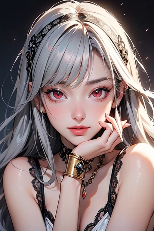 (photorealistic:1.4), (masterpiece, sidelighting, finely detailed beautiful eyes: 1.2), masterpiece*portrait, realistic, 3d face, Stelle \(honkai star rail\), 1girl, white oversize T-shirt, half shoulder, universe, rail, bangs, (grey hair), yellow dreamy eyes, blush, shy, lustful eyes, medium long hair, looking at viewer, gasp, hand cover mouth, medium breasts