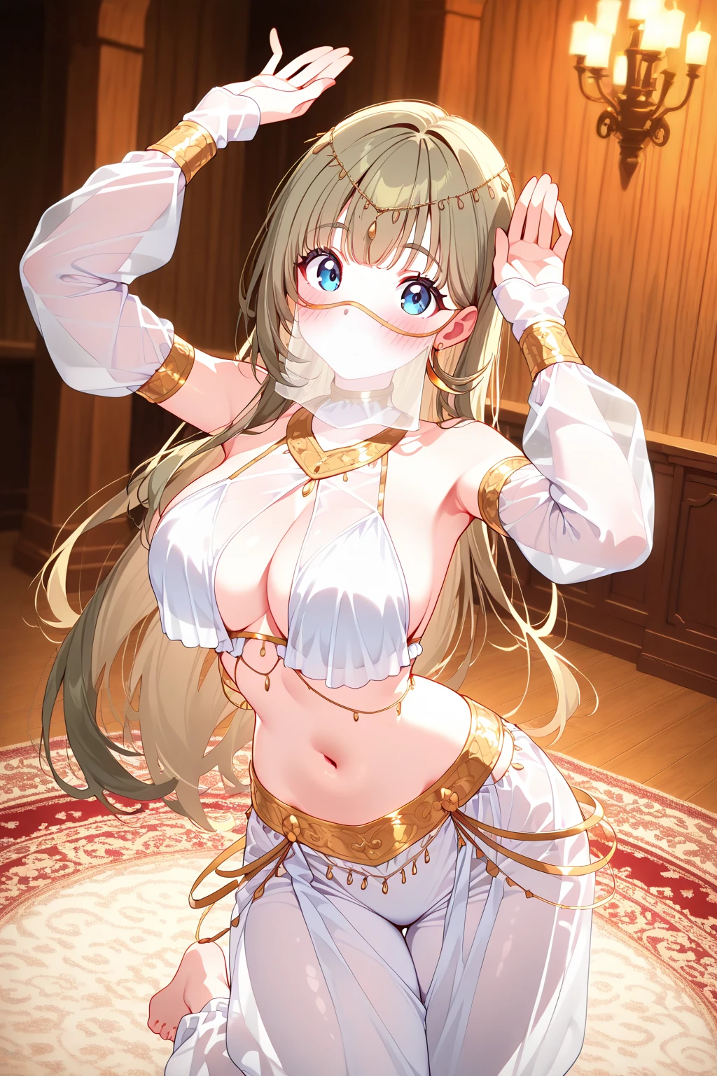 1 girl, elf ears, blonde hair, green eyes,wearing a white arabic costume , sexy,dancing, sensual