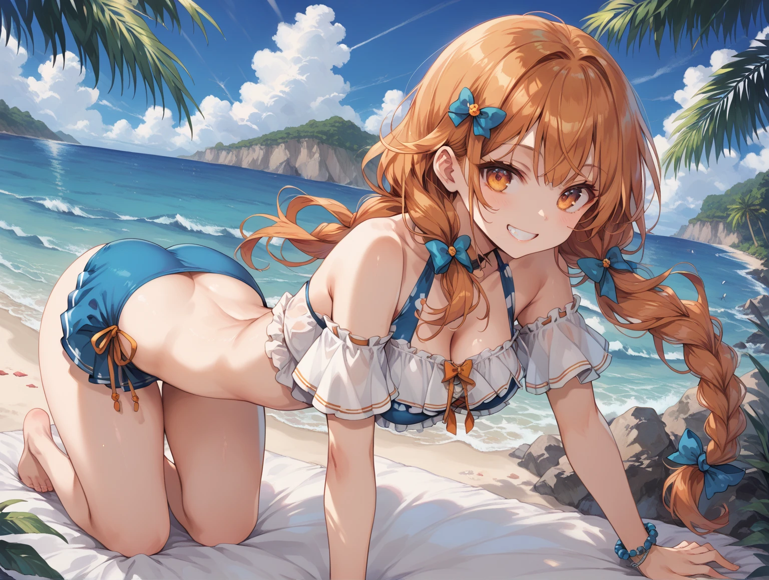 nsfw, best quality, official art, masterpiece, textile shading, HDR, very detailed, colorful, best details, (Adult,19 years old, One Girl, alone, yuuki asuna, ??????:1.5, ?????, very long hair, curly hair, brown hair, cow print bikini:1.5, medium breast, skinny, cameltoe:1.5, blue eye, public indecency:1.5, beach:1.5, contemptuous,