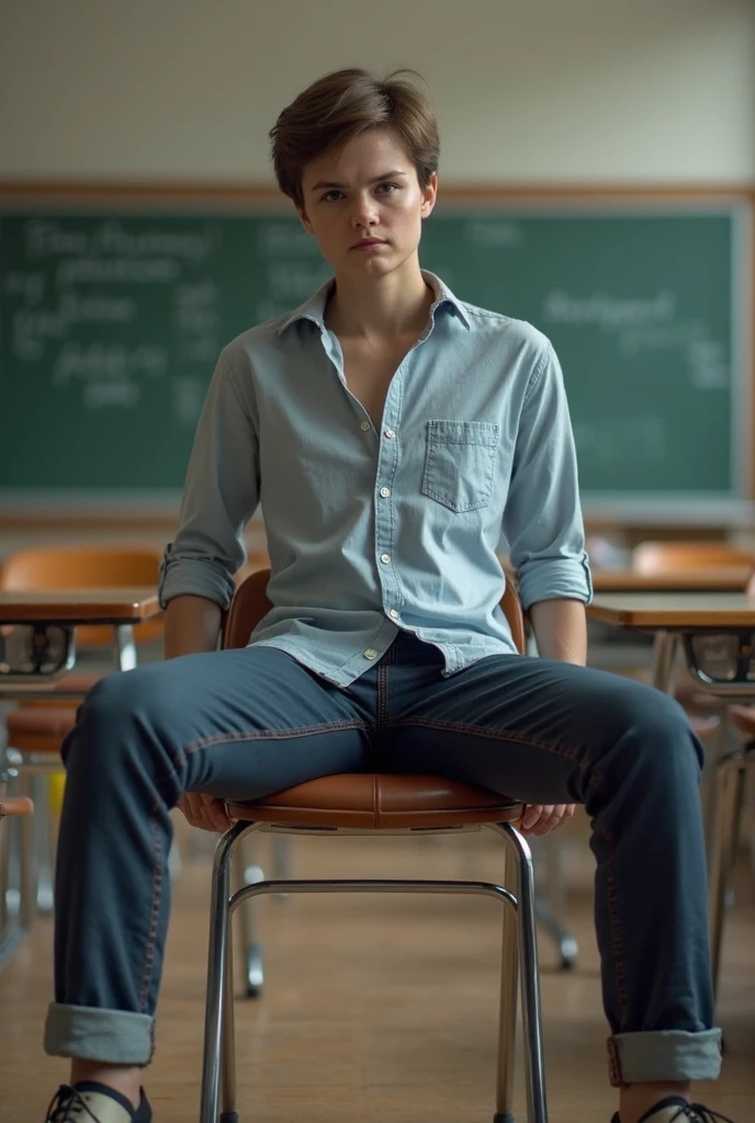 a 20 years old male, wearing blue shorts, big male bulge, black sheer socks, sat on desk at school