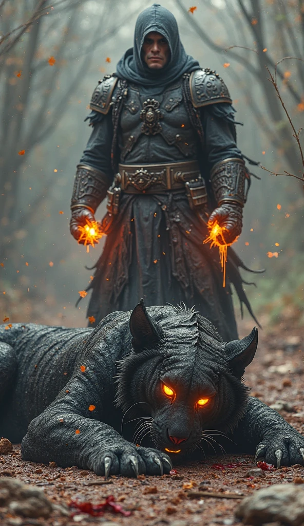solo, kemono, (dragon), anthro, In, ((black body)), scales, tail, muscles, handsome, armor, medieval, fantasy, outdoors, outside, dark, night, forest, campfire, camp, stars, sitting, toe claws, epic, depth of field, perfect lighting, (light particles),(best quality),(masterpiece),(ultra detailed),sharp focus,light particles ,She-wolf, silver 