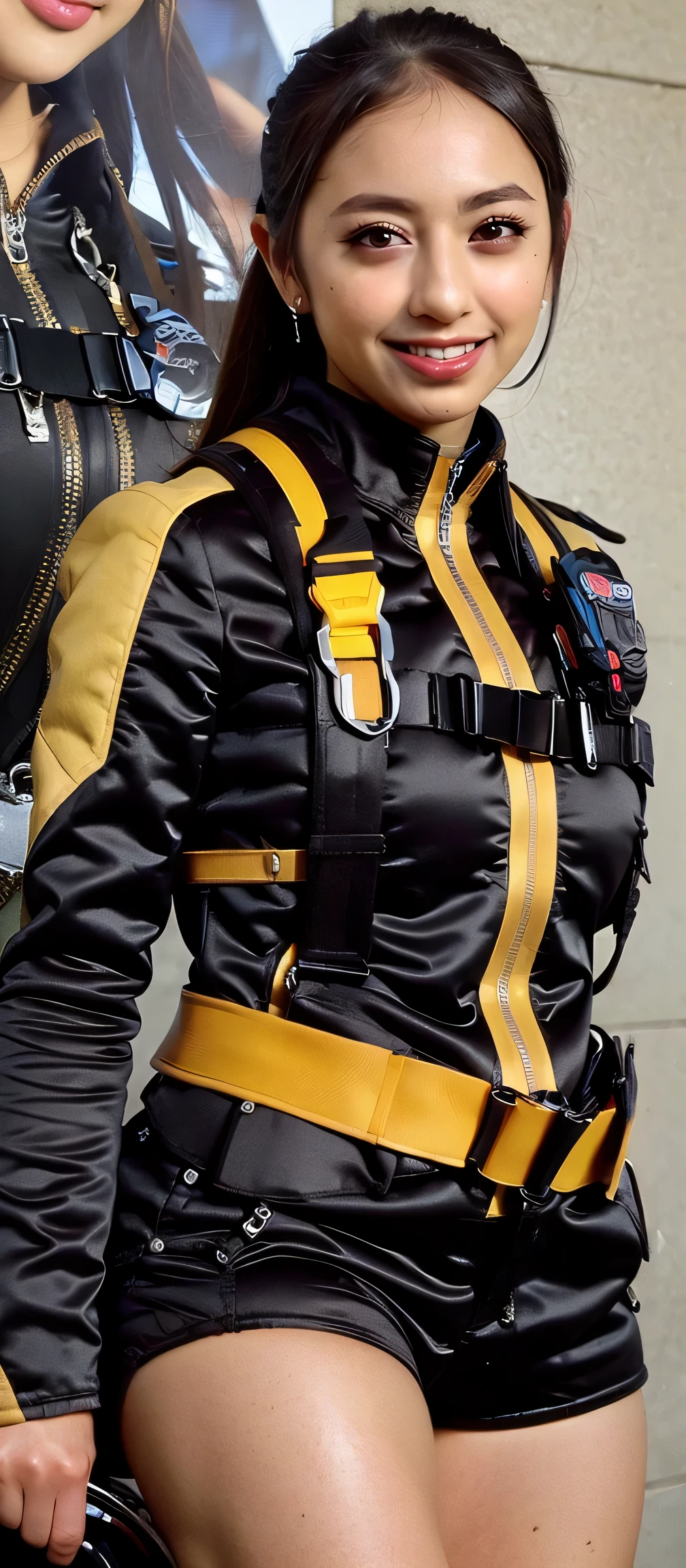 ( extremely realistic ), ( Top Quality), ((round, SMALL AND PRECISE FACE )),short shorts,black gloves,黒 shorts, boots,jacket,shorts, dark hair ,big boobs,adult woman , Her breasts are big and rounded, The clothes are perfect for that figure ,beautiful skin ,My nose is small,thin eyebrows,Smile Yan