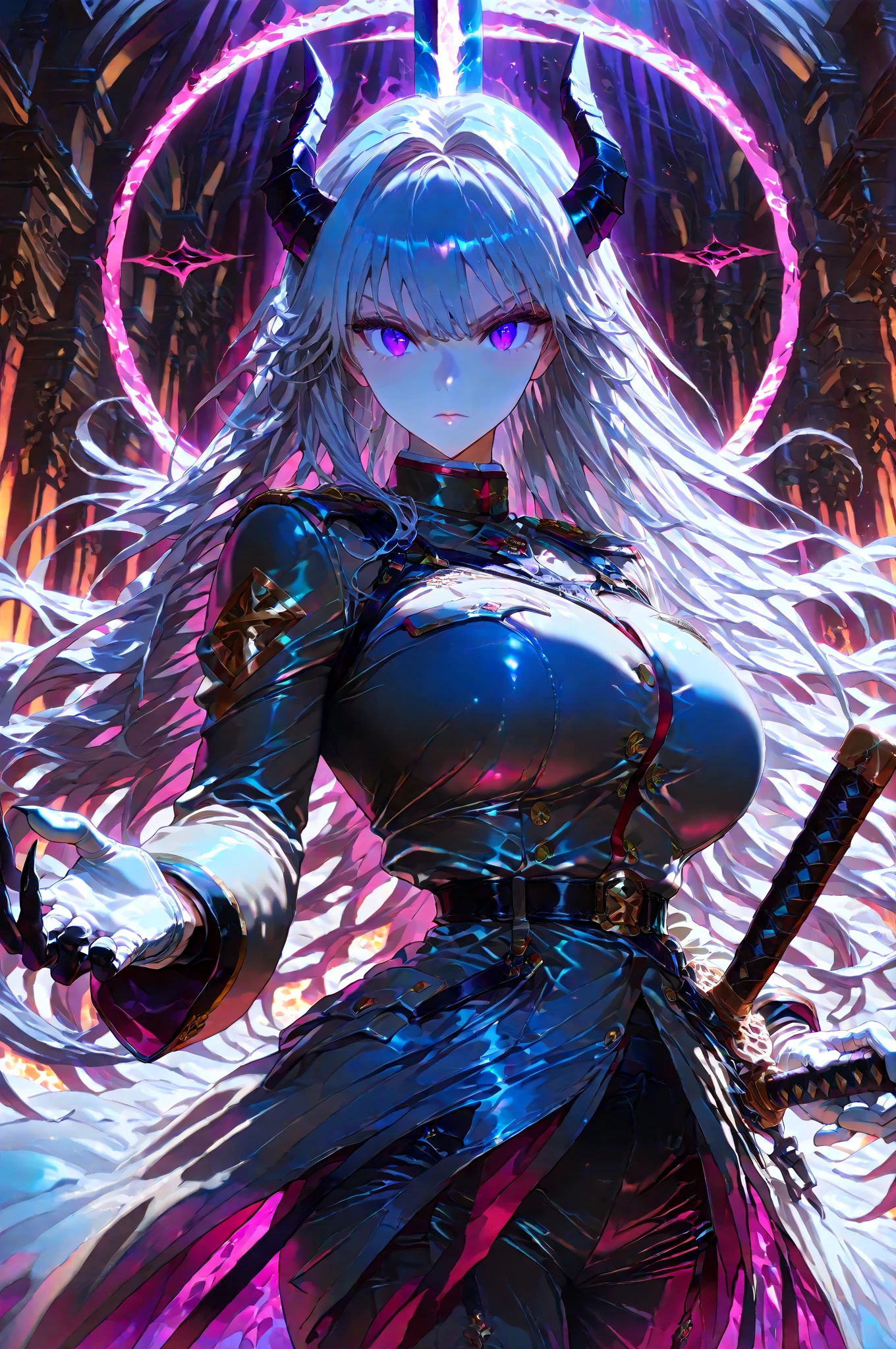 sovetsky_Soyuz, grey eyes, long hair, earrings, choker, webbed belt, tactical, pouches, chains, black maid outfit, apron, weapon Holster, webbed belt, tactical, pouches, frilly skirt, metal gloves, black thigh highs, high heeled boots, large breasts, Long eyelashes, eye shadow, long hair, ominous vibe, expressionless, stoic, side view, shadowy, Ultra quality, UHD, high detail, anime aesthetic, Anime screenshot, Ultra quality, UHD, high detail, portrait