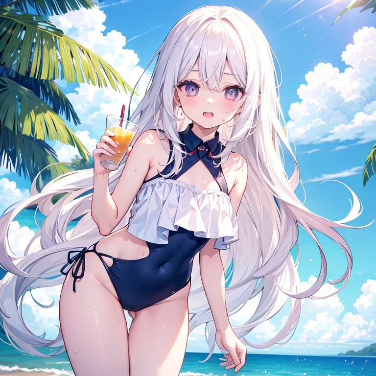 ((8k, best quality, master piece: 1.3)),super high resolution,(1 girl, solo), (colorshift eyes, hyperdetailed, expressive sparkling, glitter, glowing eyes), ultra detailed eyes, ultra-detailed face, random hair, ((silver gray color)), In the photo of her time on the beach, a silver-haired woman wearing a silver bikini sits on a beach towel under a parasol on the sand of a beach with an azure sea and blue sky, holding sunglasses in one hand and brushing her hair back with the other.She has a relaxed expression, smiles with narrowed eyes, and looks charmingly at the camera, her silver bracelets and anklets shining.