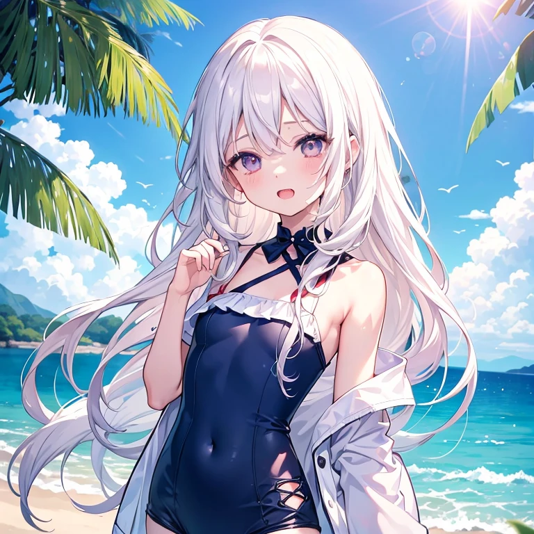 (((Masterpiece))), , diffused light, dynamic shadows, sharp focus, detailed, sundresses , anatomically correct, loving face, beach with mountain background, bronya, long shot, (( half body:1)), bronya, long drill hair