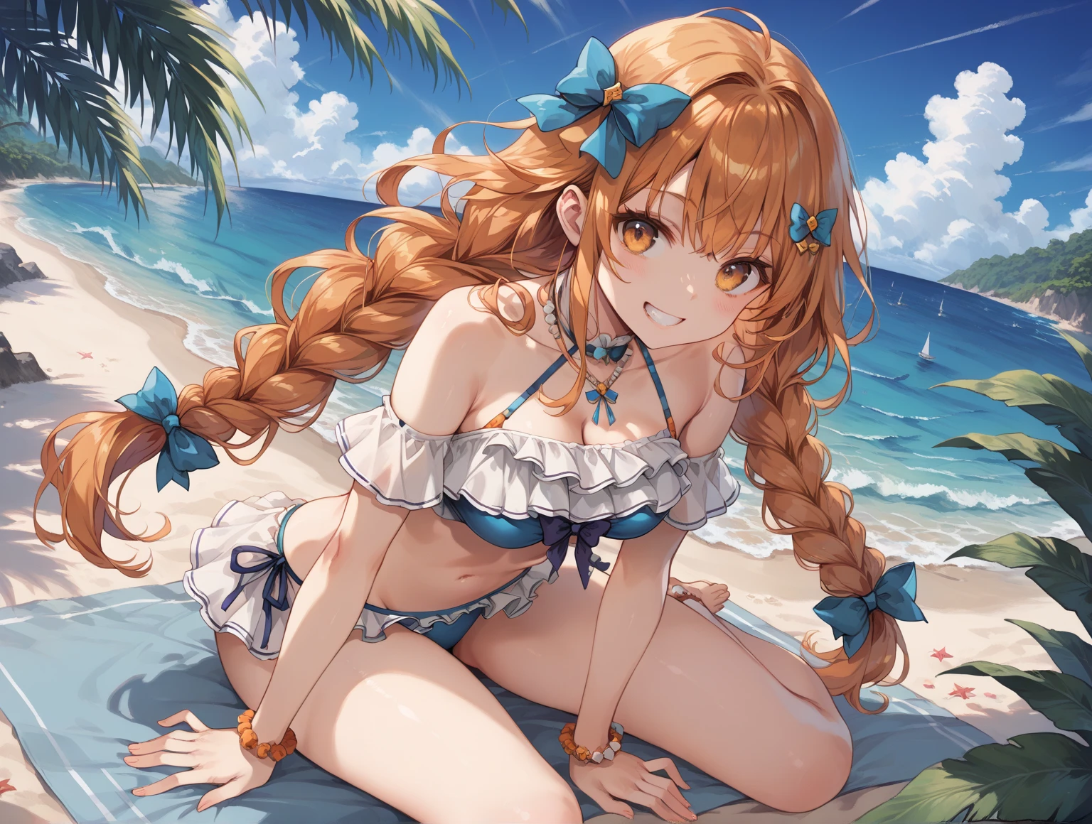 (((masterpiece, best quality, highres, UHD, perfect pixel, depth of field, 4k, RTX, HDR))), 1girl, smile full of happiness, kneeling on beach, very huge breasts, brown hair, long hair, twintails, (red eyes:1), collarbone,  white bikini, navel, side-tie bikini, (a sexy), beach, ocean, blue sky, looking at viewer, {{Extremely delicate and beautiful}}, the Extremely Detailed CG Unity 8K Wallpapers, (Shiny hair:1.2), (Shiny skin:1.5),