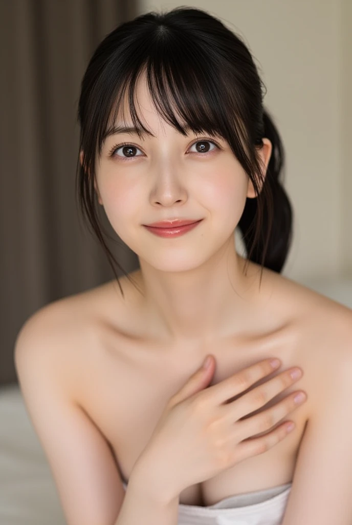 (8K、RAW Photos、Highest quality、masterpiece:1.2)、(Realistic、Realistic)、1 Girl、((Completely naked、After sexual intercourse、Waking up、Bedroom、morning、 the bed、Lie down in bed、Short Hair、Bobcut、Flat Chest、Nipples、Big Ass、smile、Looking at the camera and smiling))、cute