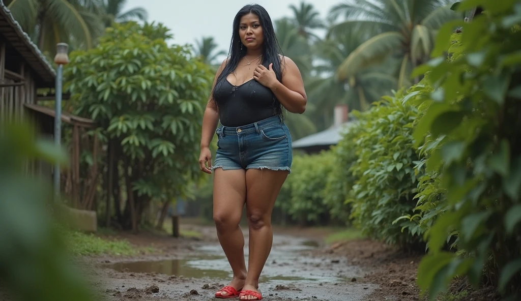 (photorealism : 1.5) Asian Indonesian woman, wearing a tight t-shirt, weight 60 kilograms and a ping pong t-shirt with a cleavage, big butt, pose with both hands holding the waist, angry expression, and the background in front of the village house is full of banana trees. feet wearing flip flops