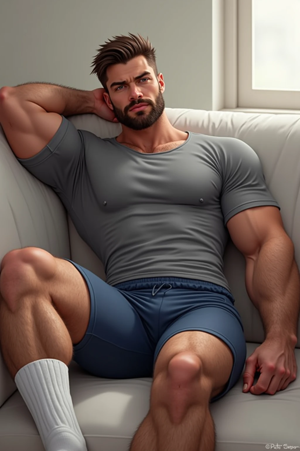 turkish uncle, man in a tank top sitting on a couch with his underwear on, big bulge, big pckag ein th underwear, hung daddy, a portrait inspired by Ludovit Fulla, reddit, dau-al-set, 30 year old man :: , beefy, 45 years old turkiish uncle, hot seductive, turkish home interior,pale skin, pink nipples, skinny, good lighting, very pale skin, light skin, model with attractive body,,big bulge and big butts,(Best quality, 8k, Masterpiece). High Detail , , superior quality, natural lighting, beautiful, sexy, correct anatomy, good composition,realistic shapes, realistic skin tones,Natural eyes,realistic eyes,looking up at viewer,vpl,realistic muscles,Realistic wrinkles on the skin,Realistic arms and legs,Realistic face,realistic hair,Make a sexy and seductive face, man focus,amazing composition, front view, HDR, volumetric lighting, ultra quality, elegant,Post a erotic photoshoot,Realistic pose,detailed hair,full body,Fujifilm XT3 photorealistic art by midjourney