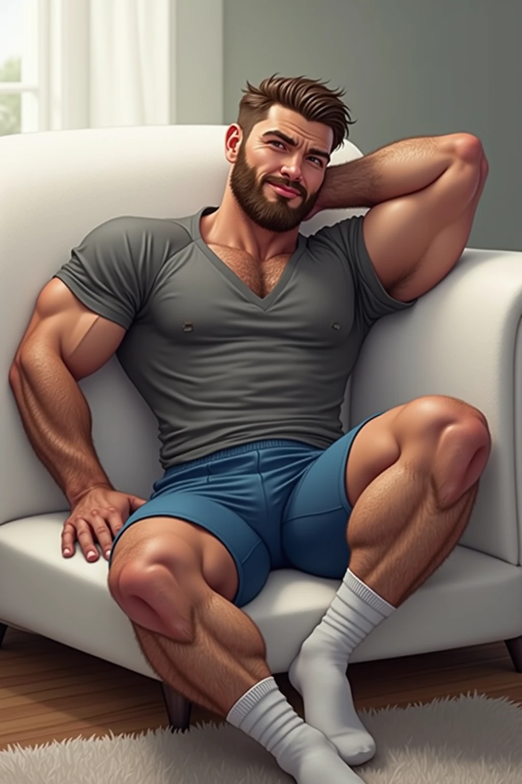 Capitan musculoso de futbol americano acostado inconsciente y sin camisa, masturbated by another slim smaller man, Bulto grande, mostrando pectorales y abdominales completos,wet dreams, Great erection, porno gay, fondled