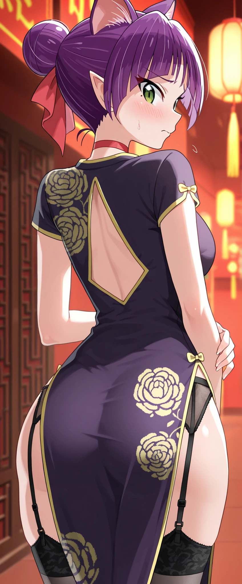 High resolution, adult woman , good lighting, despicable, , (No nudity), (((shiny cheongsam))),(garter belt),cute face, , humiliating, (()),