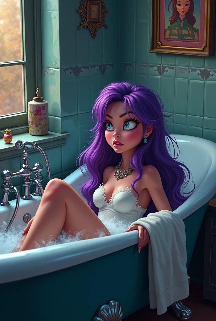 Starlight Glimmer, Starlight Glimmer from My Little Pony, Starlight Glimmer as a girl, long hair, Luxurious hair, Lush hair, lying in the bathroom, big breasts, Bulky breasts, Lush breasts, ?????, legs apart, lots of soap foam, bathroom, rubber duck, washcloth, soap, wet hair, waist-deep in water, soap foam everywhere, steam, bathing