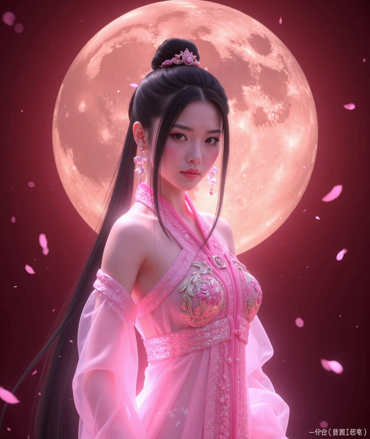 A delicate and lovely ancient goddess with lustrous black ponytail hair. She wears a white and red miko wear. The background is a fantastic and ethereal night sky, as if possessed by a specter. Her expression is stern and atmospheric.