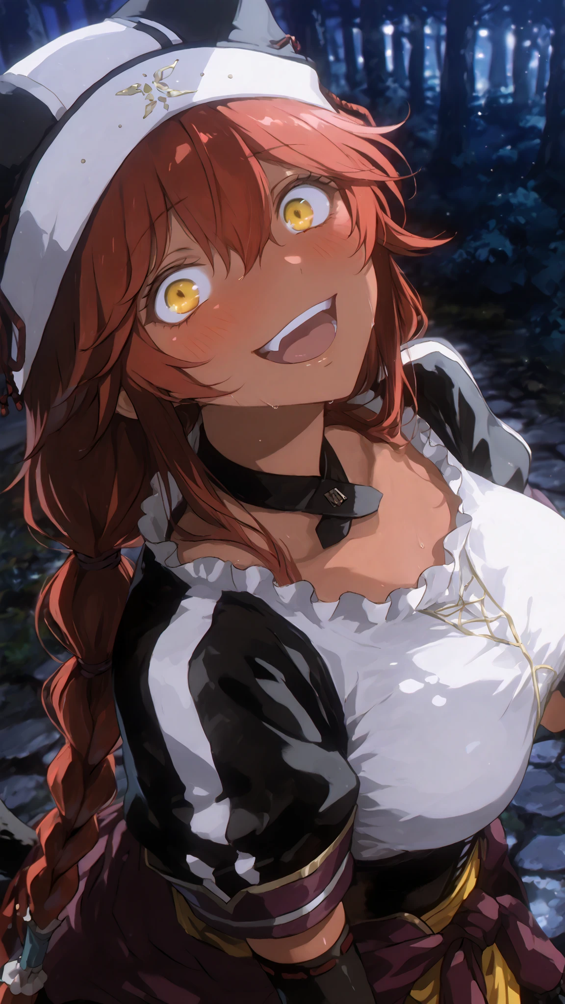 Lupusregina_Beta, overlord \(maruyama\)
High quality , best quality , masterpiece, High Resolution , detailed face( LoRA: Lupusregina),anatomically correct, detailed hair Style( LoRA: Lupusregina),anime Coloring
red hair, twin braids, long hair, hair tubes, yellow eyes, hair between eyes, dark skin, dark-skinned female
Black maid uniform, underbust, hair tubes, black animal hat, black choker, white shirt, taut shirt, black corset, puffy short sleeves, elbow gloves, black bridal gauntlets, wrist cuffs, clothes around waist, yellow apron,large ,
looking at viewer , close-up,from above
forest,night,
open mouth, crazy smile,blush,