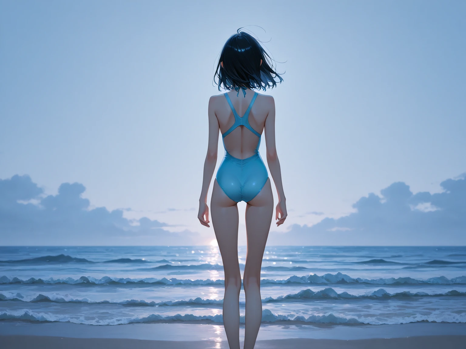 Picture taken below the figure, woman looking down, full body, coral reef, blue bikini, night diving, moonlight, backlit, weightless, ((highest quality, 8k, masterpiece: 1.3)), super low angle, one woman, very short hair, underwater photography, underwater perspective, underwater floating