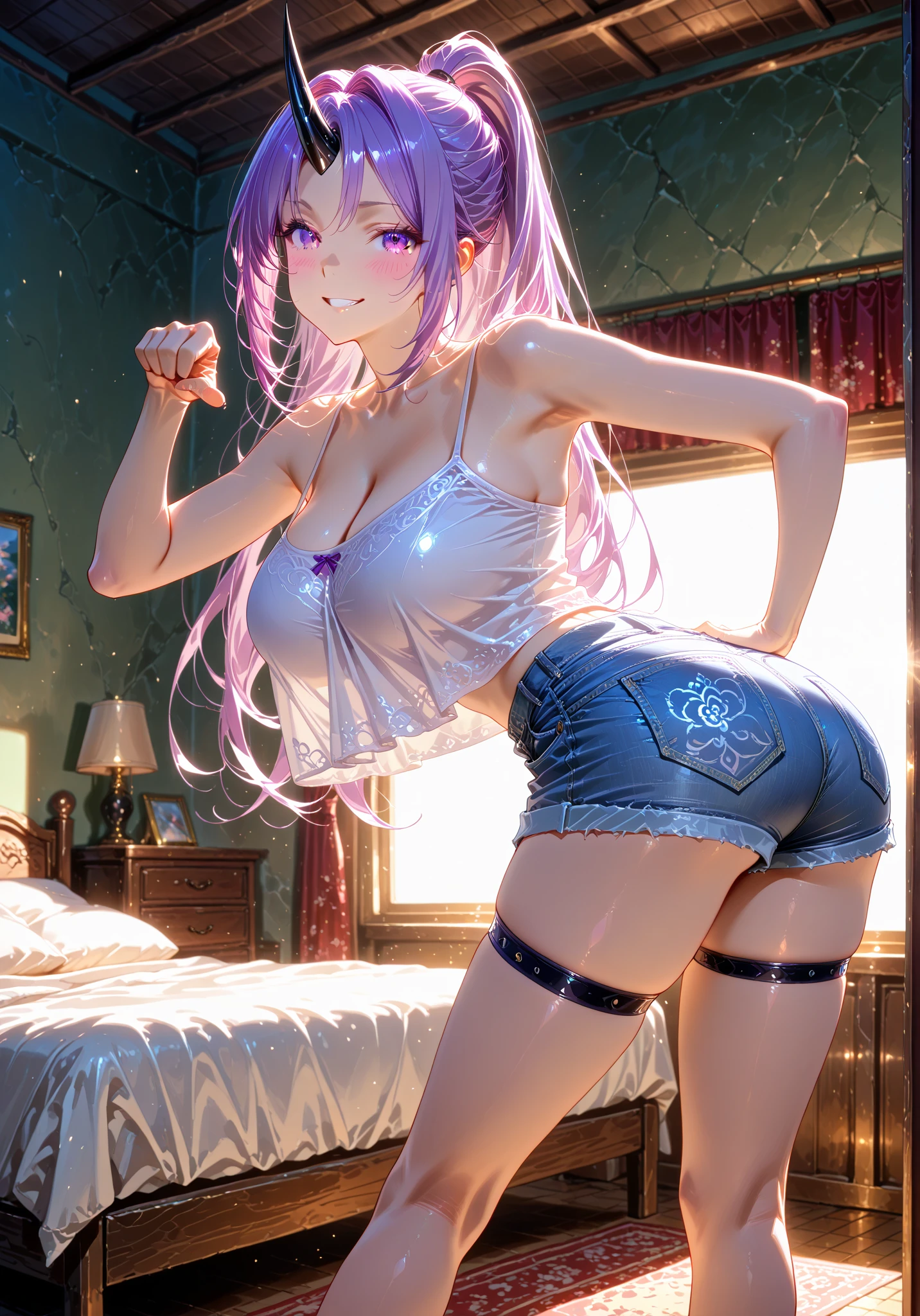 1 Female,High definition,high resolution,Ultra-realistic,8K, hy1, hair ornament, multicolored hair, necktie, skirt, sleeveless, , pink skirt, tight skirt,miniskirt, jewelry,European,sexy,Upper body close-up,Photographed from the front,Dynamic Angles,blush, medium tits, happy, wink the eye,facial, sweat,multicolored hair ,(wide thighs:1.3),(from behind),(huge ass),(show ass),(black thong),(pov, closed shot:1.2),(skirt lift:1.4),bedroom