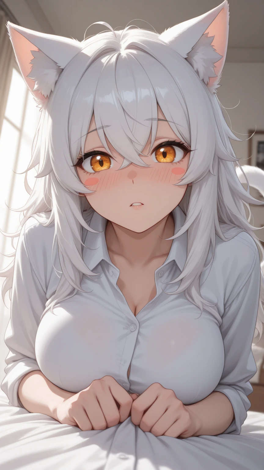 nsfw,1 girl,White hair,yellow eyes,face,tan,light Areola,upper body,breasts,masterpiece,best quality,very aesthetic,absurdres,light Areola,skin,extended_downblouse, frontbend,White shirt,over shirt,slip